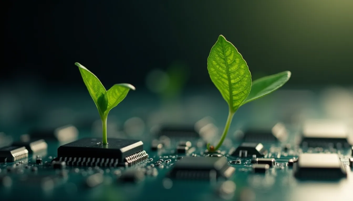 Een groen plantje groeit uit een printplaat — nieuw leven uit oude techniek